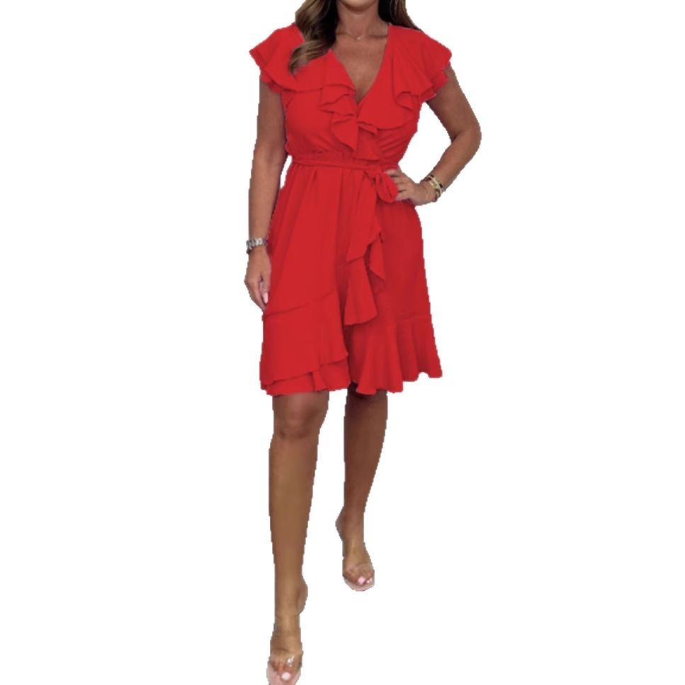 V-neck Waist-controlled Skirt Ruffled Solid Color Dress Women - X2-Shopping