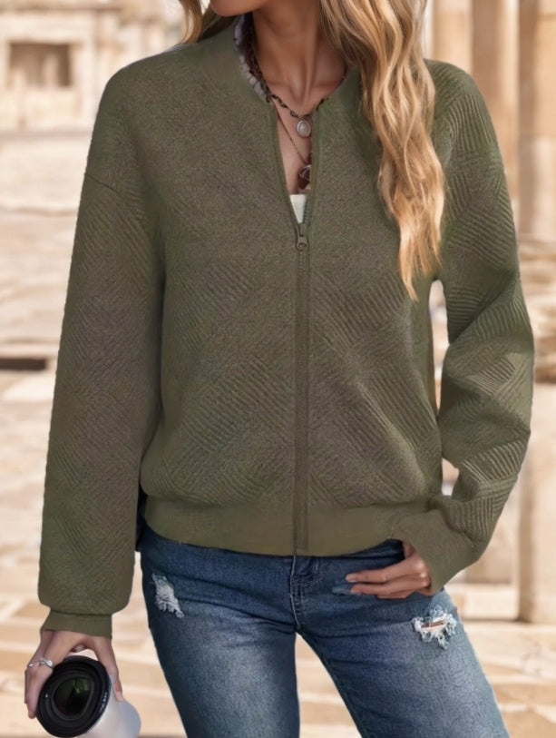 Women's Casual Solid Green Zip-Up Jacket - X2-Shopping