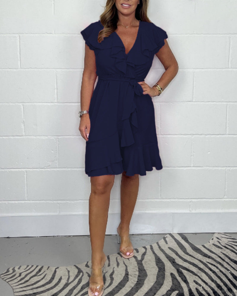 V-neck Waist-controlled Skirt Ruffled Solid Color Dress Women - X2-Shopping