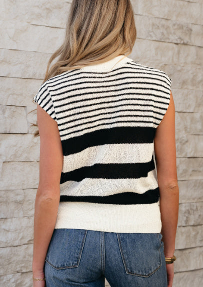 Black White Striped O Neck Sweater Vest