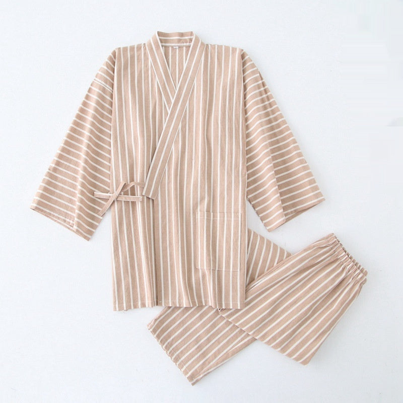 Gewaschener Pyjama-Anzug aus Baumwolle, dünn gestreift, japanischer Kimono-Hose für Herren und Damen, Homewear-Anzug