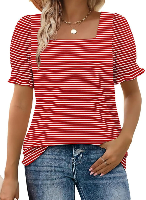 Spring And Summer New Fashion Simple U-neck Petal Sleeve Loose T-shirt - X2-Shopping