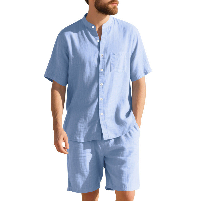 American Linen Suit Men's Summer Two-piece Suit Henry Collar Beach