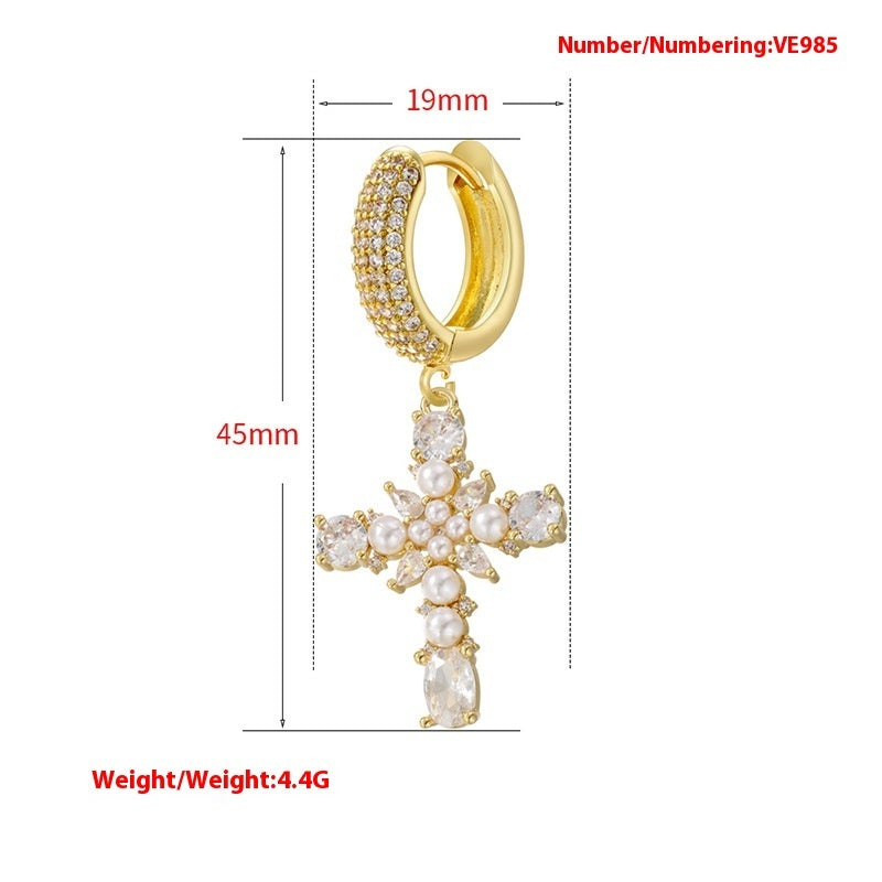 European And American Entry Lux Copper Plating 18K Gold Inlaid Colorful Crystals Cross Earrings