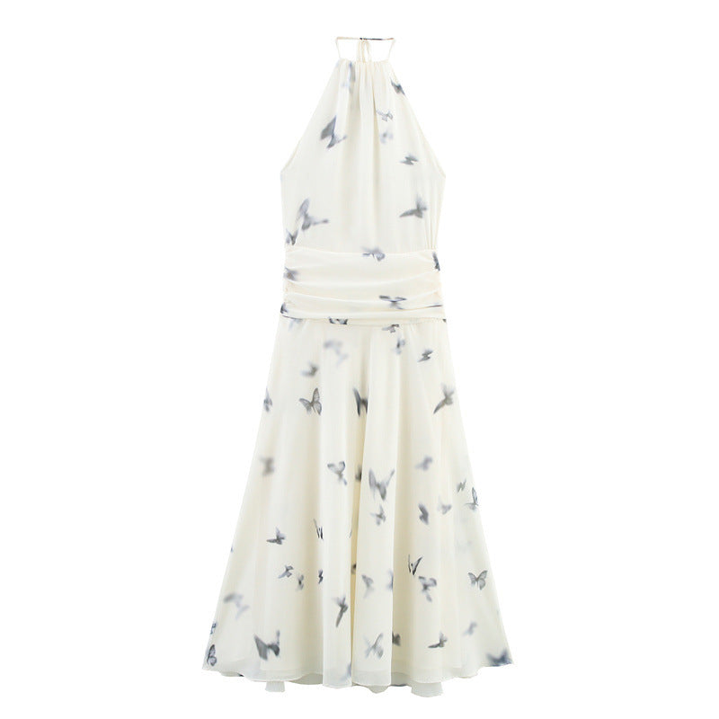 Backless Animal Print Hanging Collar Long Dress