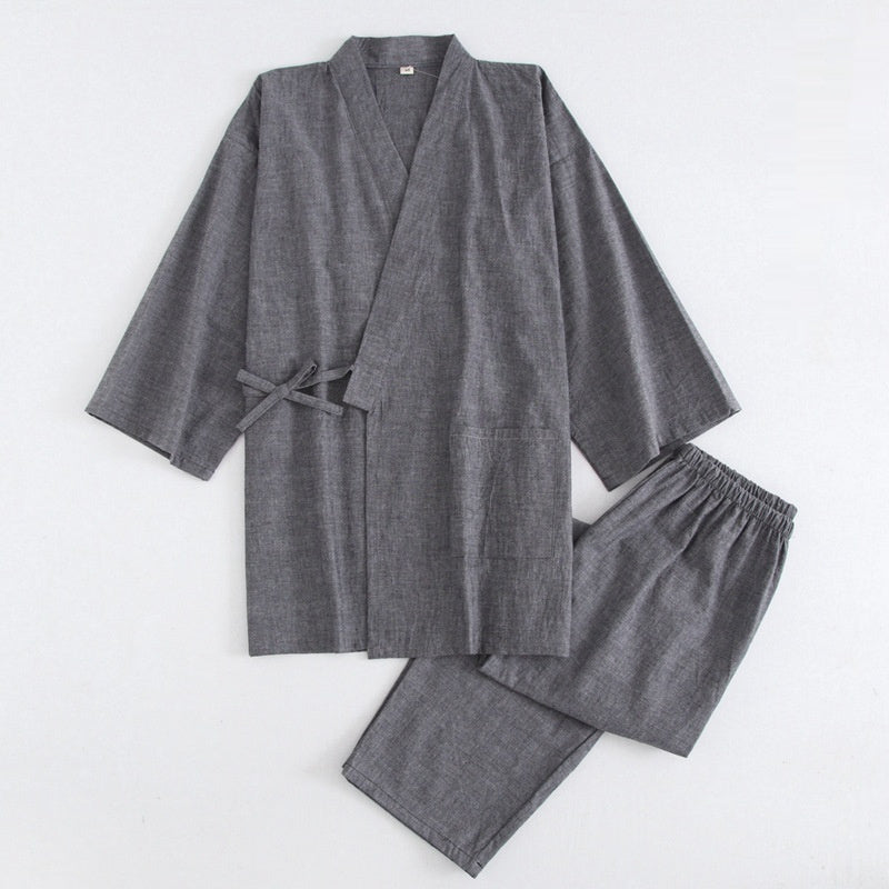 Gewaschener Pyjama-Anzug aus Baumwolle, dünn gestreift, japanischer Kimono-Hose für Herren und Damen, Homewear-Anzug