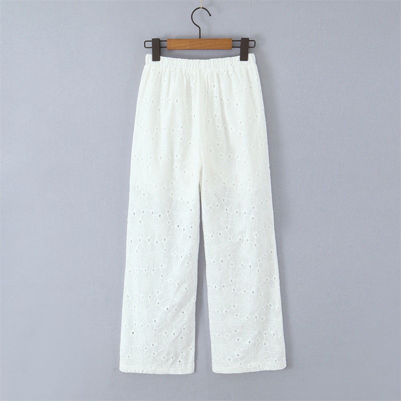 Hollow Embroidery Lace-up Straight-leg Pants