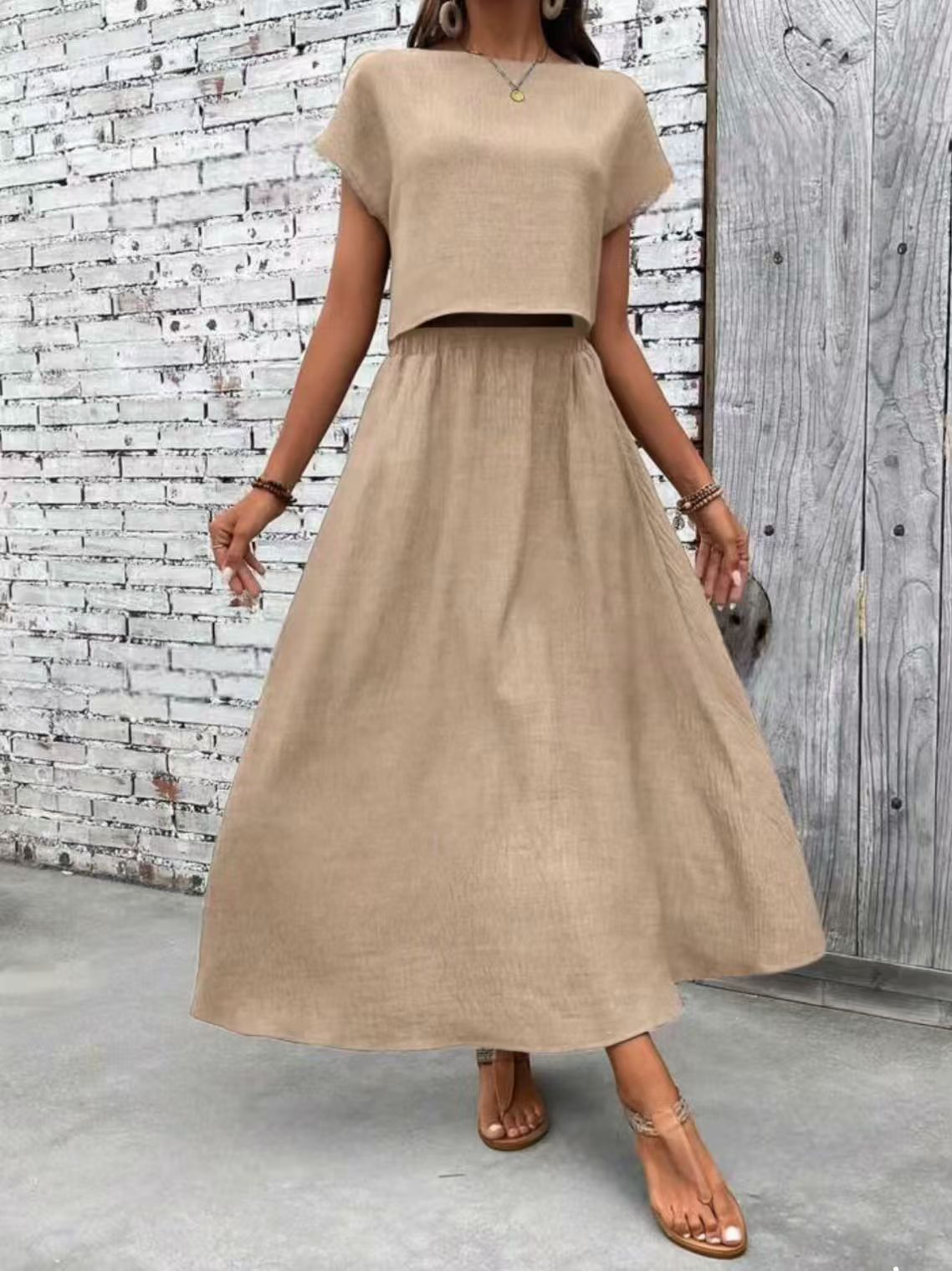 2 Piece Set Women's Solid Color Short Sleeve Top And Casual A- Line Dress Suit - X2-Shopping