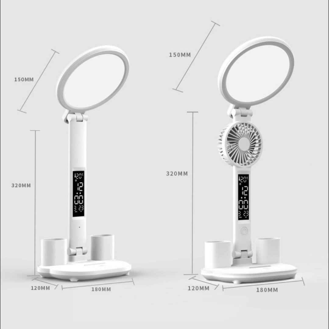 LED-Uhr-Tischlampe, USB-aufladbare, dimmbare Schreibtischlampe, Plug-in-LED-Ventilatorlicht, faltbares Augenschutz-Lese-Nachtlicht