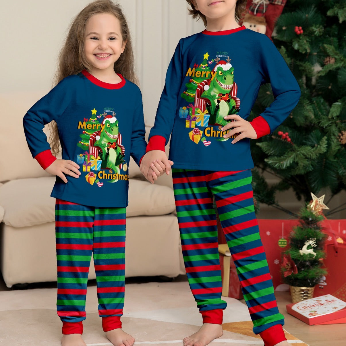 Tyrannosaurus Letter Christmas Tree Printing Parent-child Suit Pajamas - X2-Shopping