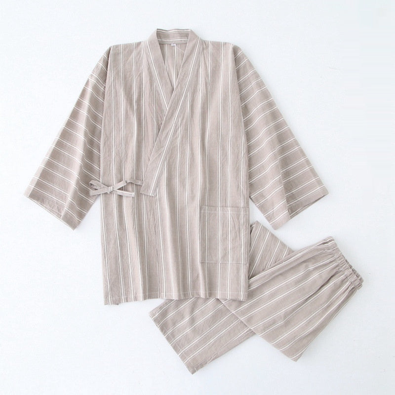 Gewaschener Pyjama-Anzug aus Baumwolle, dünn gestreift, japanischer Kimono-Hose für Herren und Damen, Homewear-Anzug