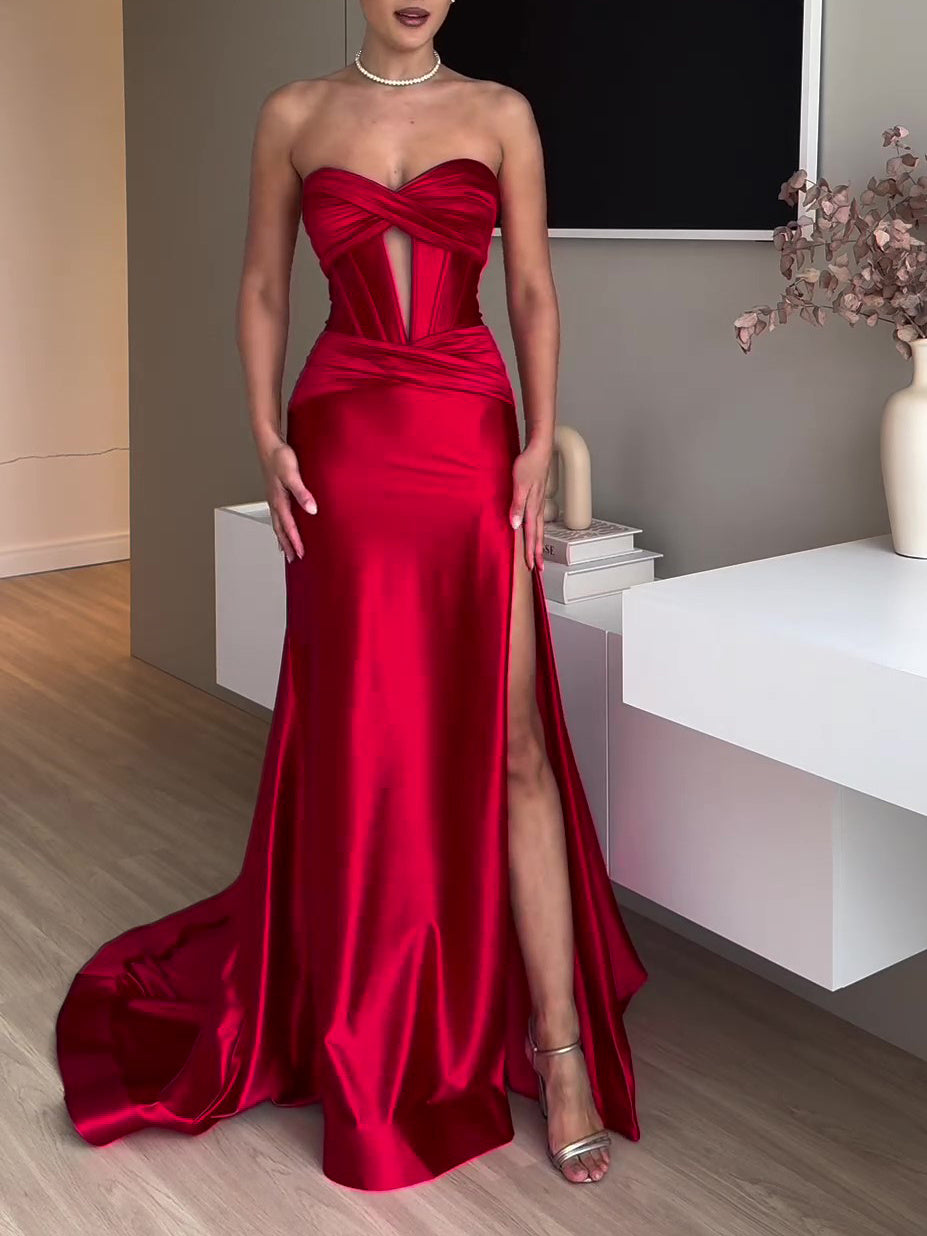 Tube Top Slit Red Extra Long Evening Dress - X2-Shopping