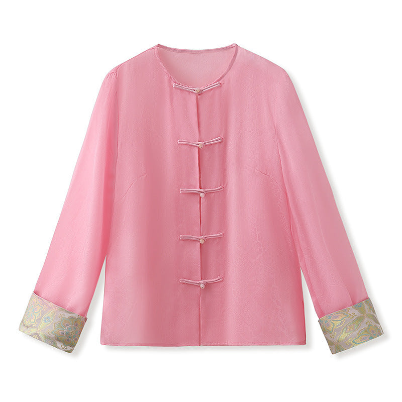 Chinese Style High-end Embroidery Shirt Buckle Retro Thin Fashion Tops Women - X2-Shopping