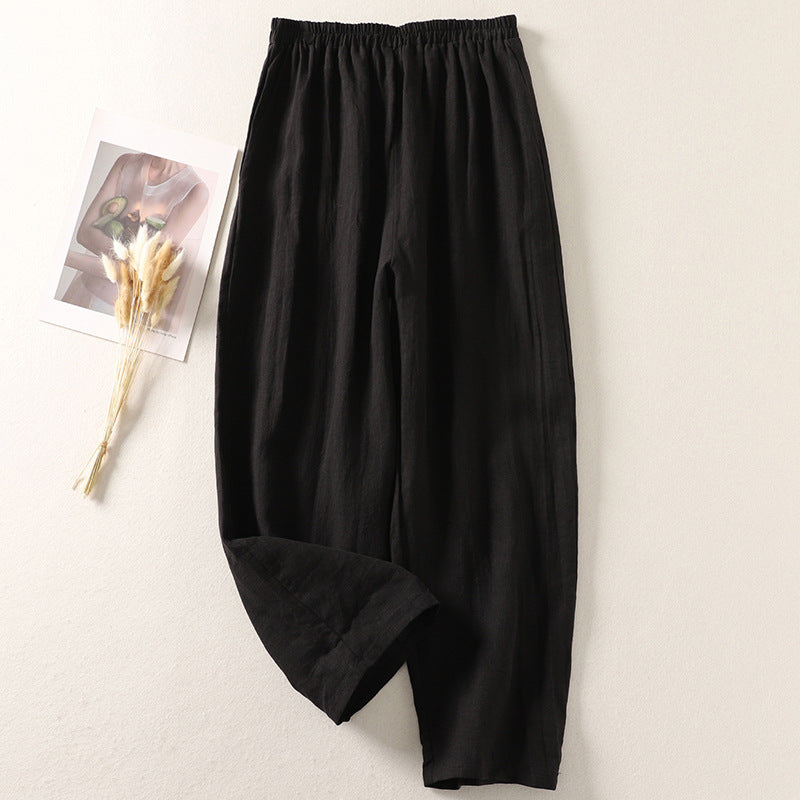 Cotton And Linen Casual Elastic Waist Loose Cropped Pants