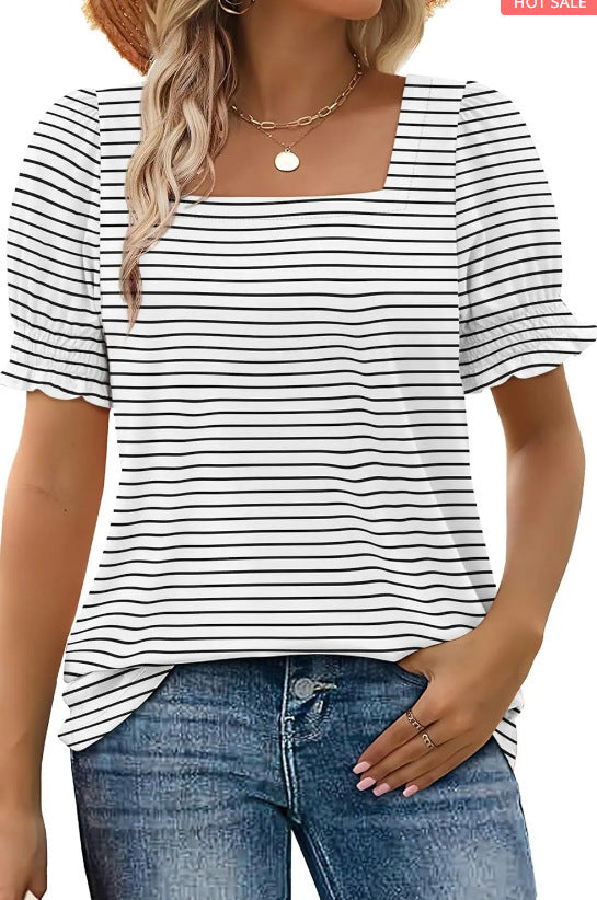 Spring And Summer New Fashion Simple U-neck Petal Sleeve Loose T-shirt - X2-Shopping