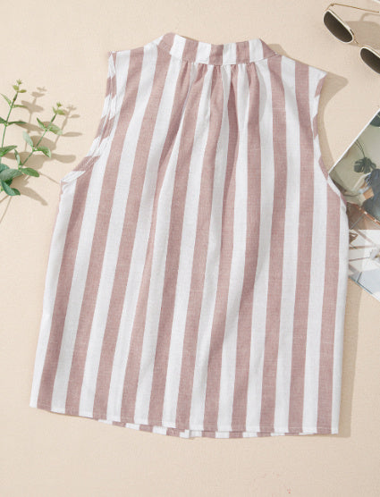 Khaki Stripe Casual Button Down Sleeveless Shirt