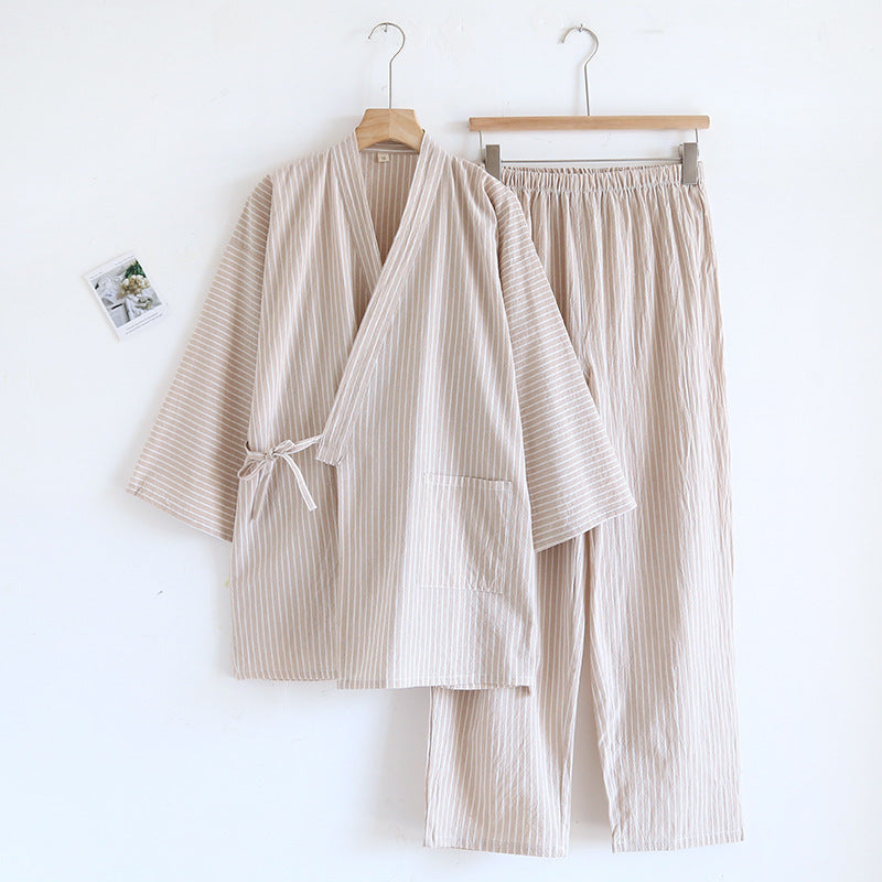 Gewaschener Pyjama-Anzug aus Baumwolle, dünn gestreift, japanischer Kimono-Hose für Herren und Damen, Homewear-Anzug