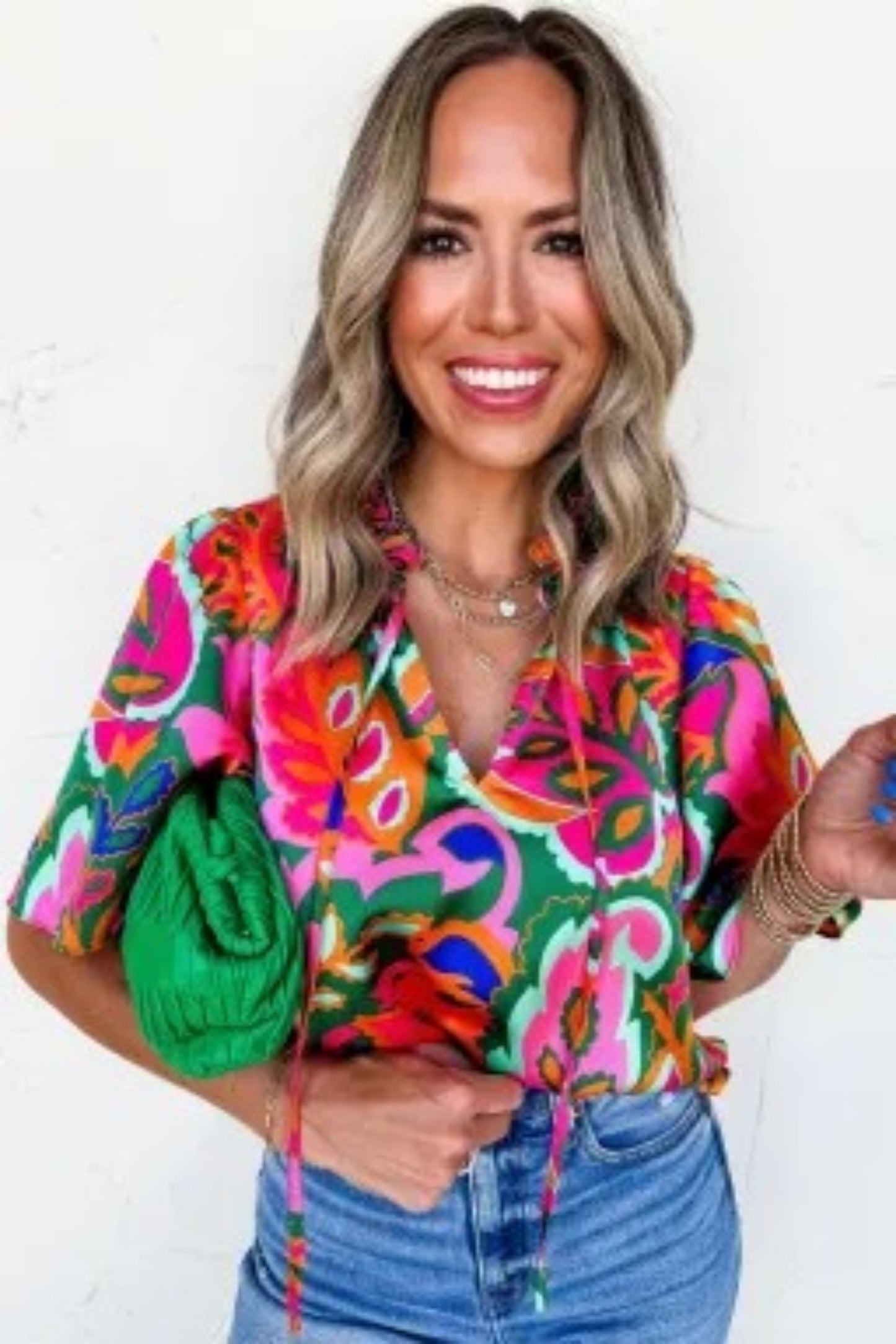 Rose Summer Plant Print Lace Up V Neck Short Sleeve Blouse