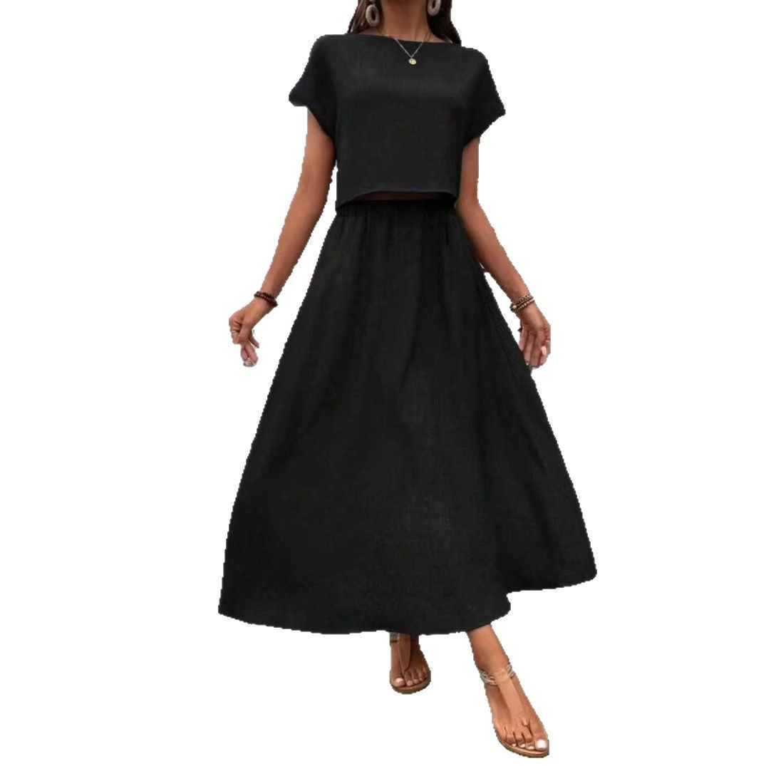 2 Piece Set Women's Solid Color Short Sleeve Top And Casual A- Line Dress Suit - X2-Shopping