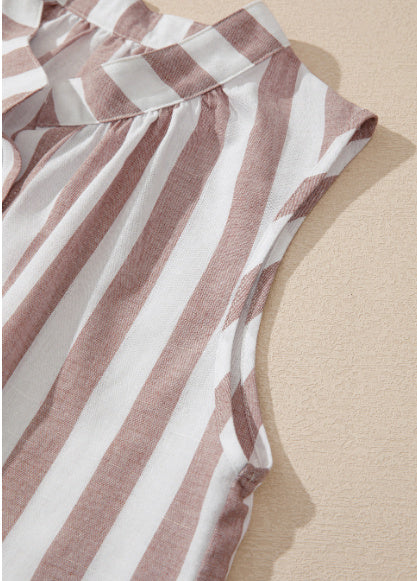 Khaki Stripe Casual Button Down Sleeveless Shirt