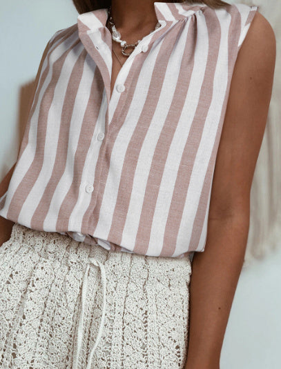 Khaki Stripe Casual Button Down Sleeveless Shirt