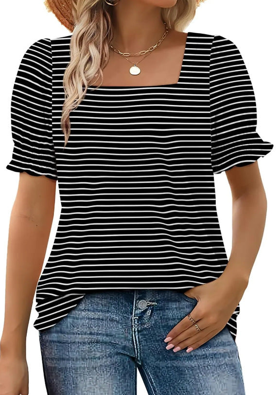 Spring And Summer New Fashion Simple U-neck Petal Sleeve Loose T-shirt - X2-Shopping