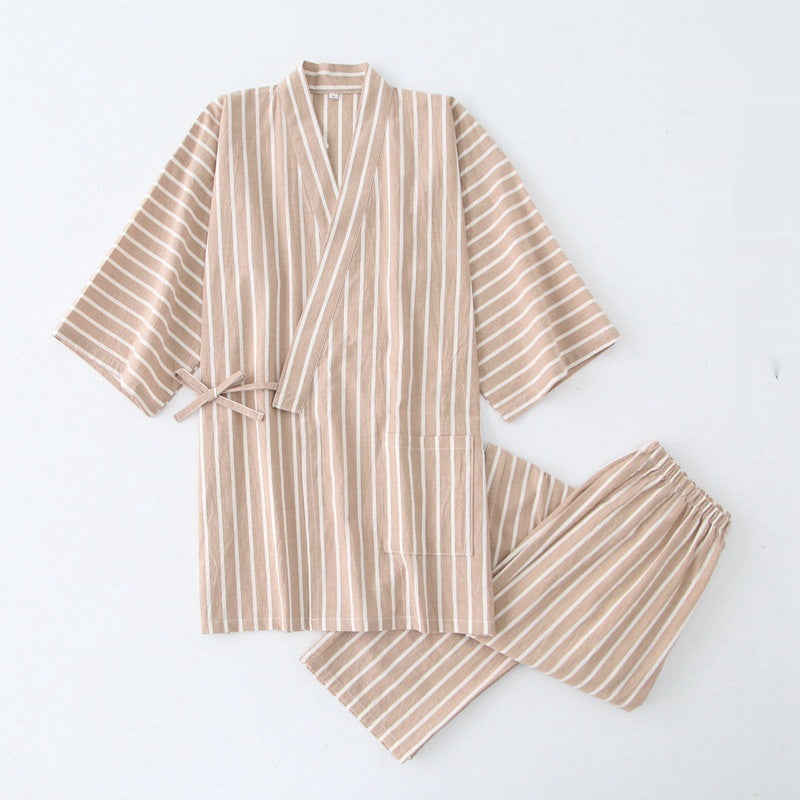 Gewaschener Pyjama-Anzug aus Baumwolle, dünn gestreift, japanischer Kimono-Hose für Herren und Damen, Homewear-Anzug