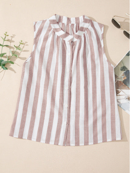 Khaki Stripe Casual Button Down Sleeveless Shirt