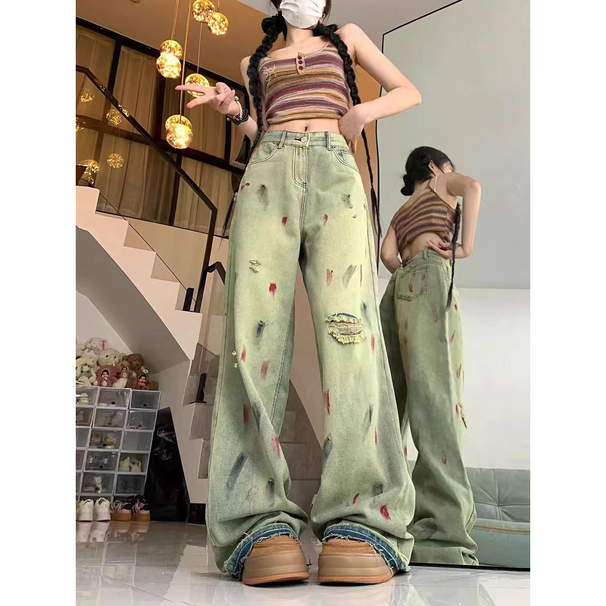 High Waist Painted Raw Edge Ripped Wide Leg Jeans For Women Loose Drape Straight Floor-length Trousers