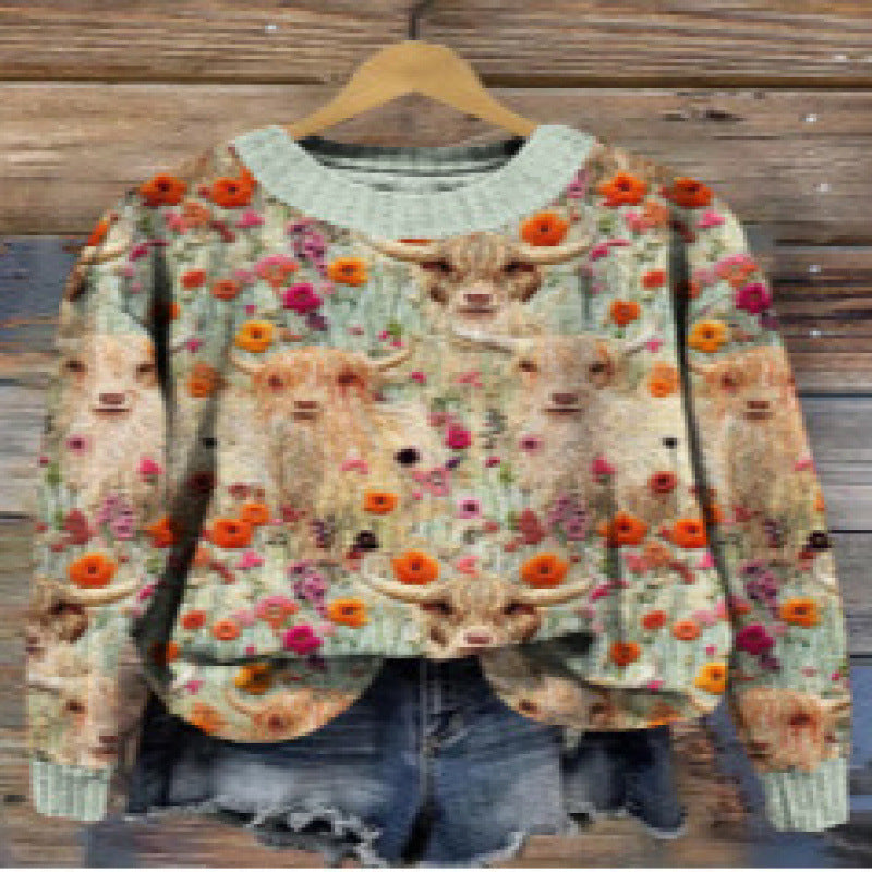 Little Flower Digital Printed Round Neck Sweater