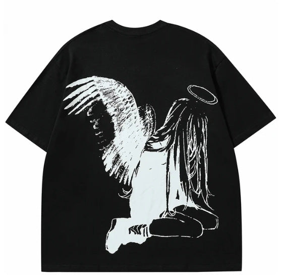 Hip Hop Herren T-Shirt mit Cartoon-Engelsflügel-Aufdruck