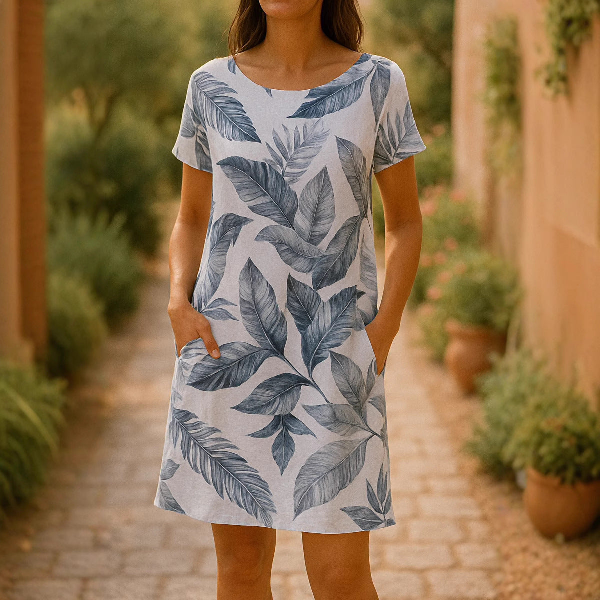 Women's Round Neck Loose Short Sleeves Printed Dress
