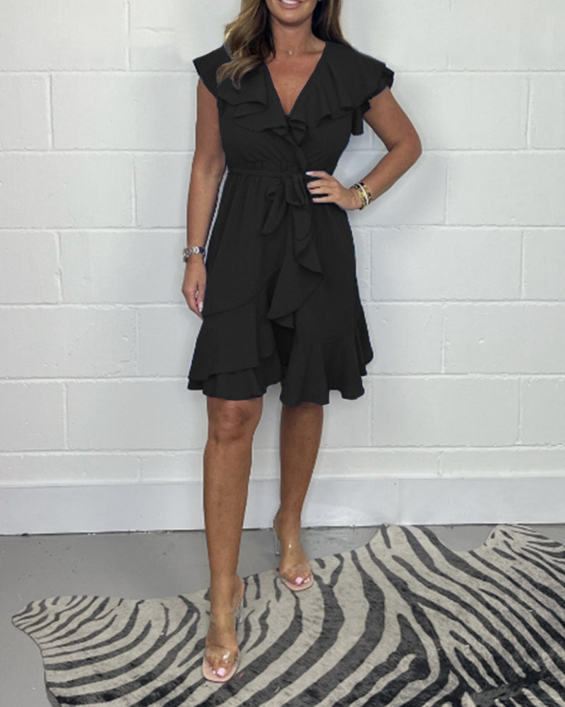 V-neck Waist-controlled Skirt Ruffled Solid Color Dress Women - X2-Shopping