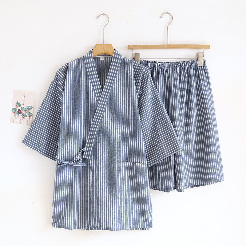 Gewaschener Pyjama-Anzug aus Baumwolle, dünn gestreift, japanischer Kimono-Hose für Herren und Damen, Homewear-Anzug