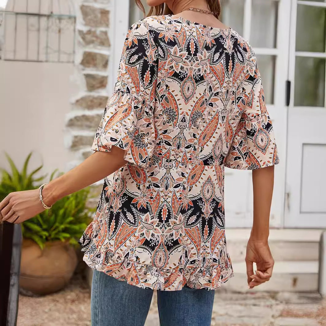 V-neck Printed T-shirt Casual Bell Sleeve Top - X2-Shopping