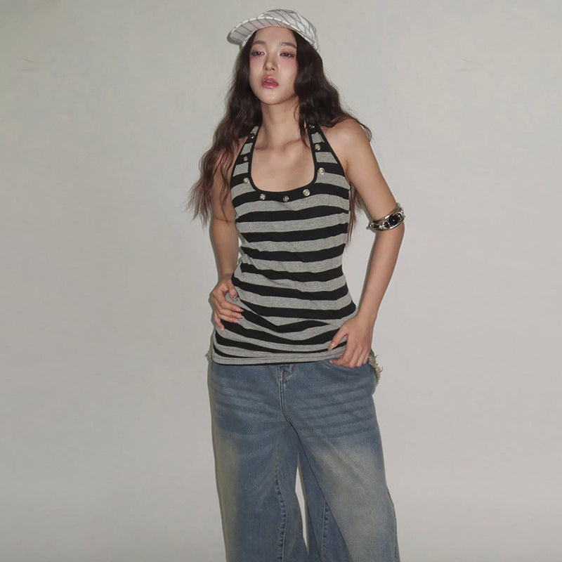 Hot Girl Comfortable Design Sense Striped Spaghetti Straps Female U Collar Sexy