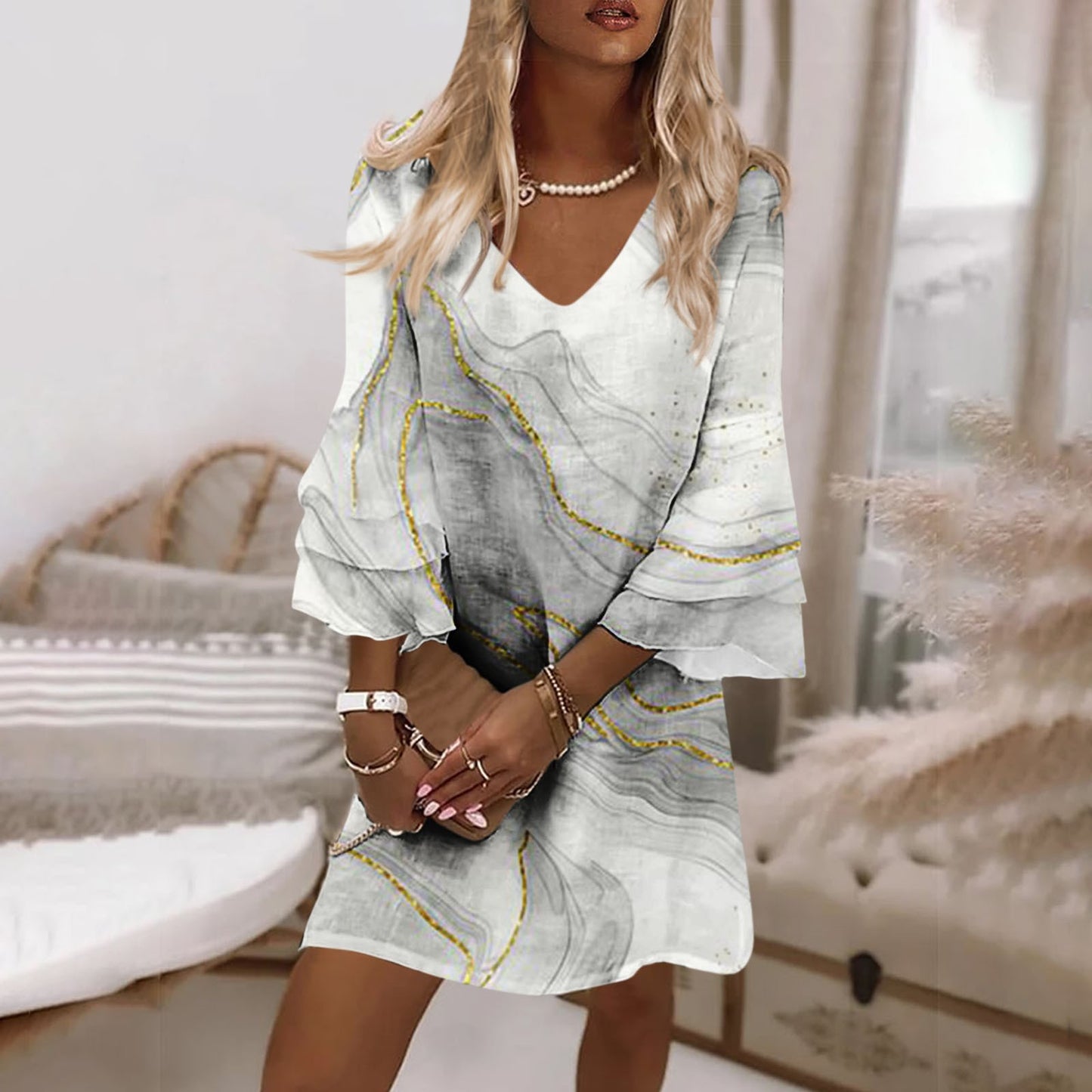 Mid-waist Marble Printed Short Sleeve Dress - X2-Shopping