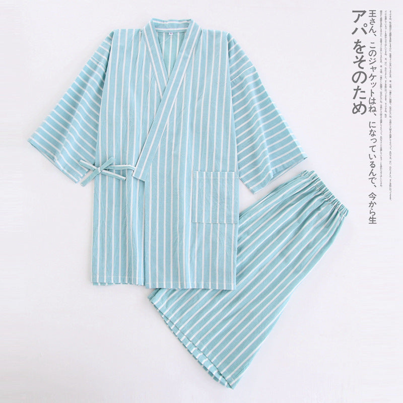 Gewaschener Pyjama-Anzug aus Baumwolle, dünn gestreift, japanischer Kimono-Hose für Herren und Damen, Homewear-Anzug