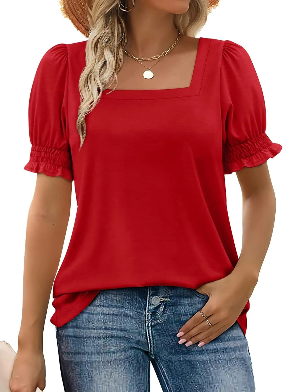 Spring And Summer New Fashion Simple U-neck Petal Sleeve Loose T-shirt - X2-Shopping