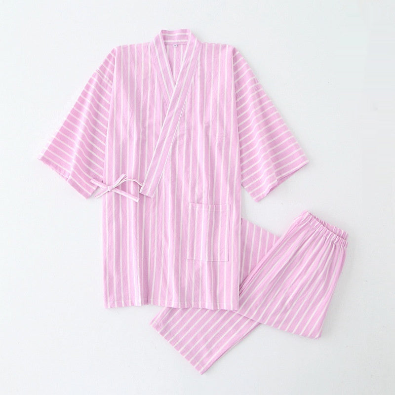 Gewaschener Pyjama-Anzug aus Baumwolle, dünn gestreift, japanischer Kimono-Hose für Herren und Damen, Homewear-Anzug