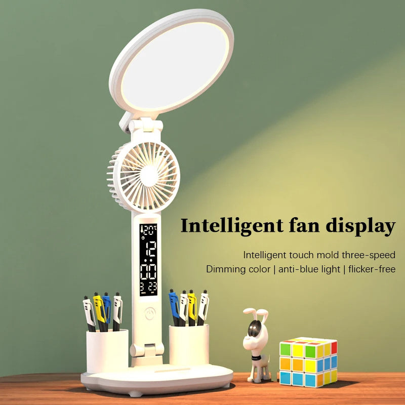 LED-Uhr-Tischlampe, USB-aufladbare, dimmbare Schreibtischlampe, Plug-in-LED-Ventilatorlicht, faltbares Augenschutz-Lese-Nachtlicht