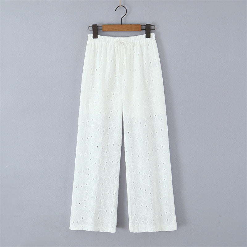 Hollow Embroidery Lace-up Straight-leg Pants