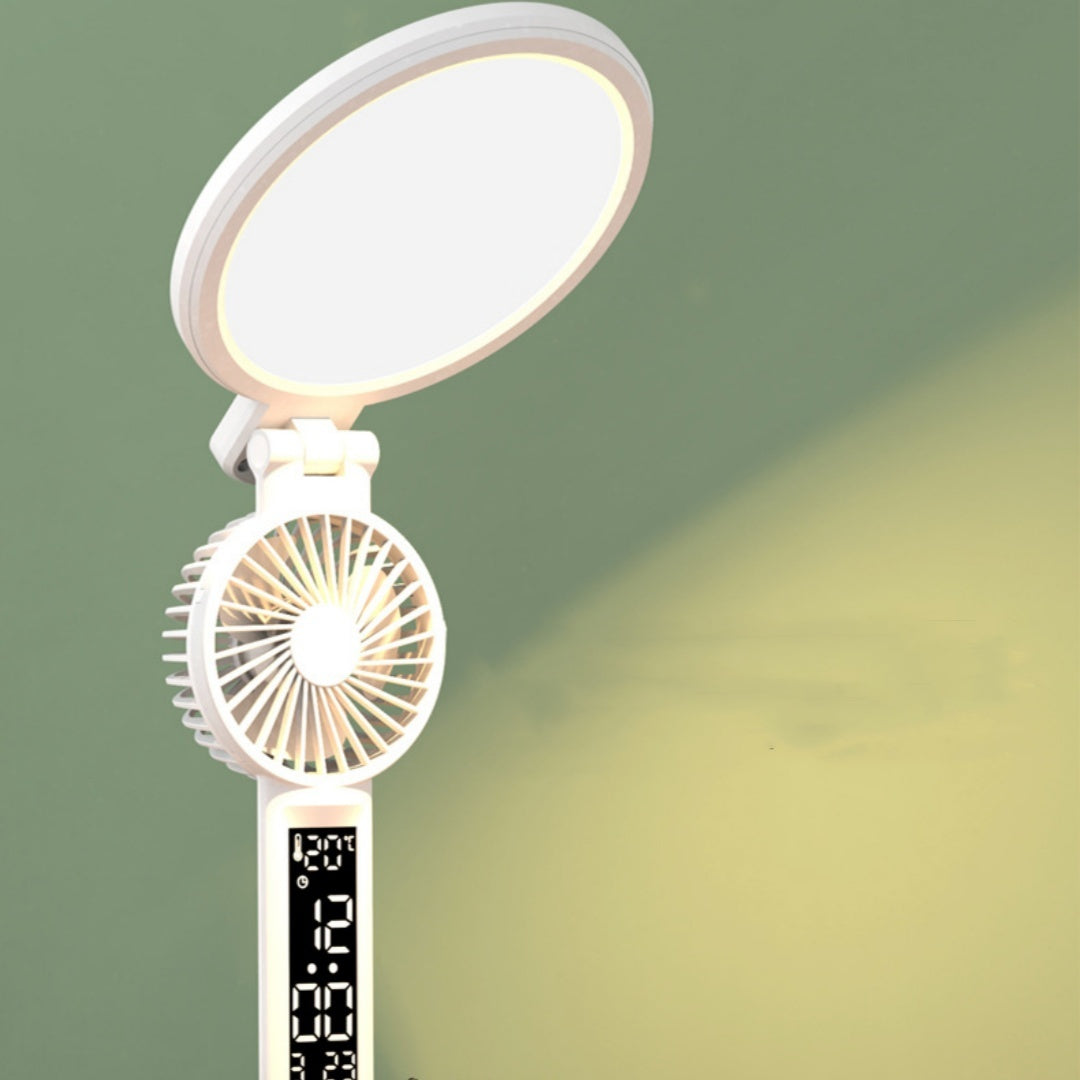 LED-Uhr-Tischlampe, USB-aufladbare, dimmbare Schreibtischlampe, Plug-in-LED-Ventilatorlicht, faltbares Augenschutz-Lese-Nachtlicht