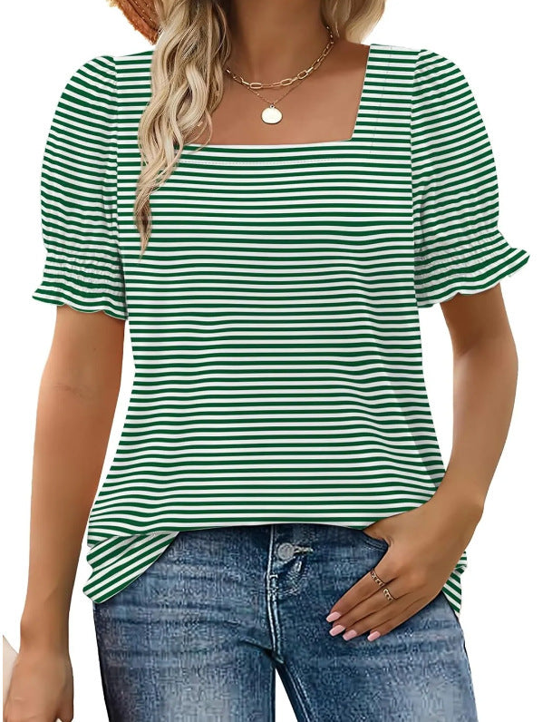Spring And Summer New Fashion Simple U-neck Petal Sleeve Loose T-shirt - X2-Shopping