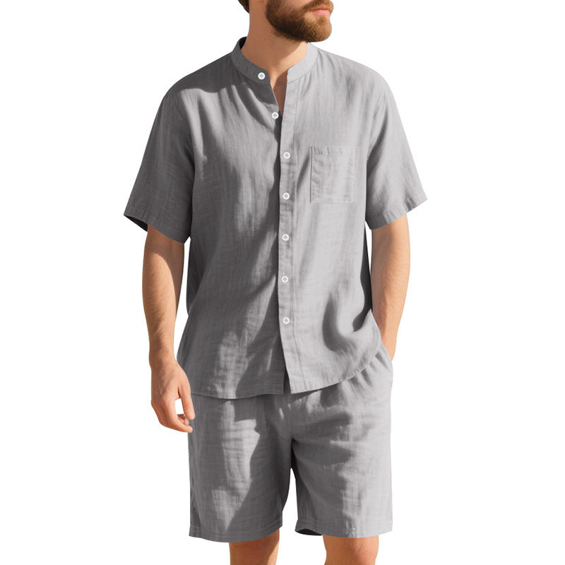 American Linen Suit Men's Summer Two-piece Suit Henry Collar Beach