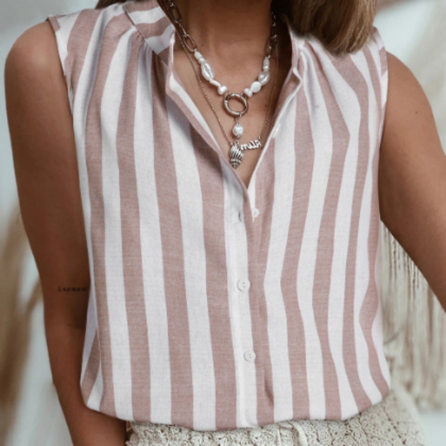 Khaki Stripe Casual Button Down Sleeveless Shirt