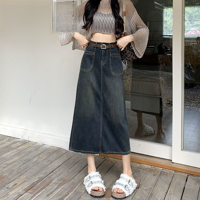 Three-quarter Petite Retro Denim Skirt For Women, Trendy And Versatile, New Style, High-waisted, Hip Skirt