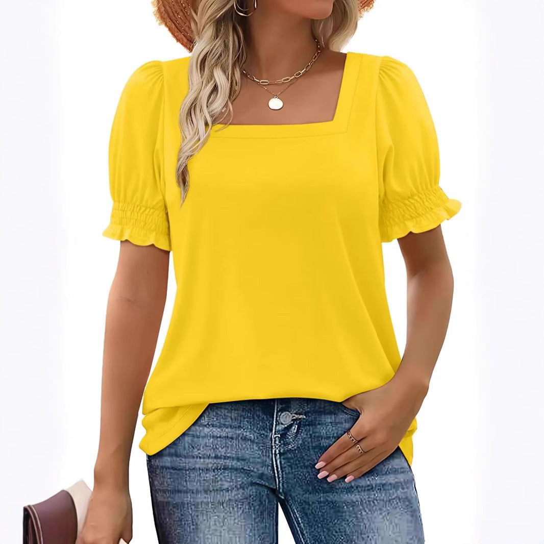 Spring And Summer New Fashion Simple U-neck Petal Sleeve Loose T-shirt - X2-Shopping