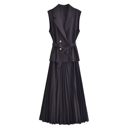 European And American Double Breasted With Belt Vest Pleated Skirt Dress