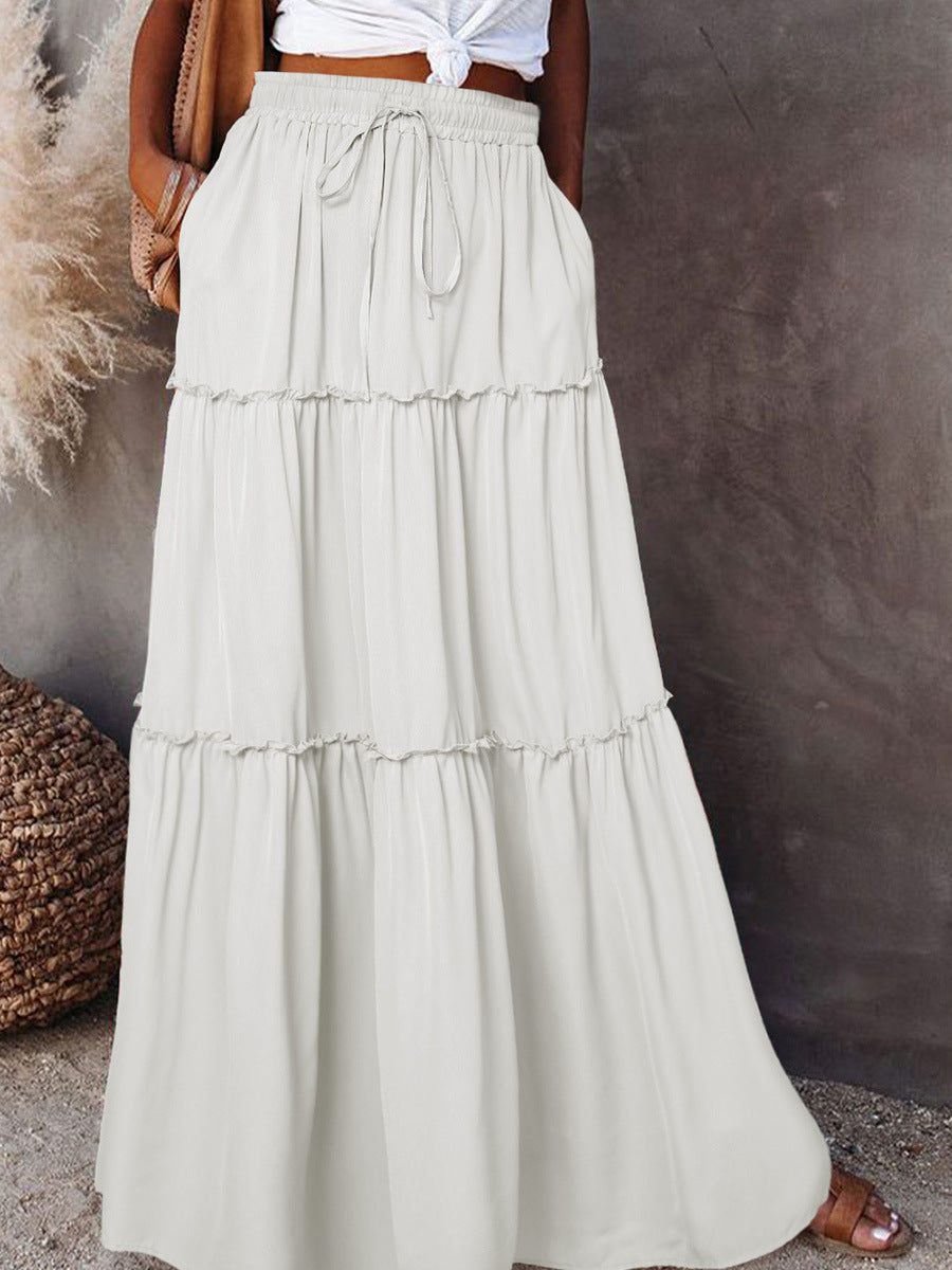 Women's Layered High Waist Elastic Lace-up Skirt With Wooden Ears - X2-Shopping
